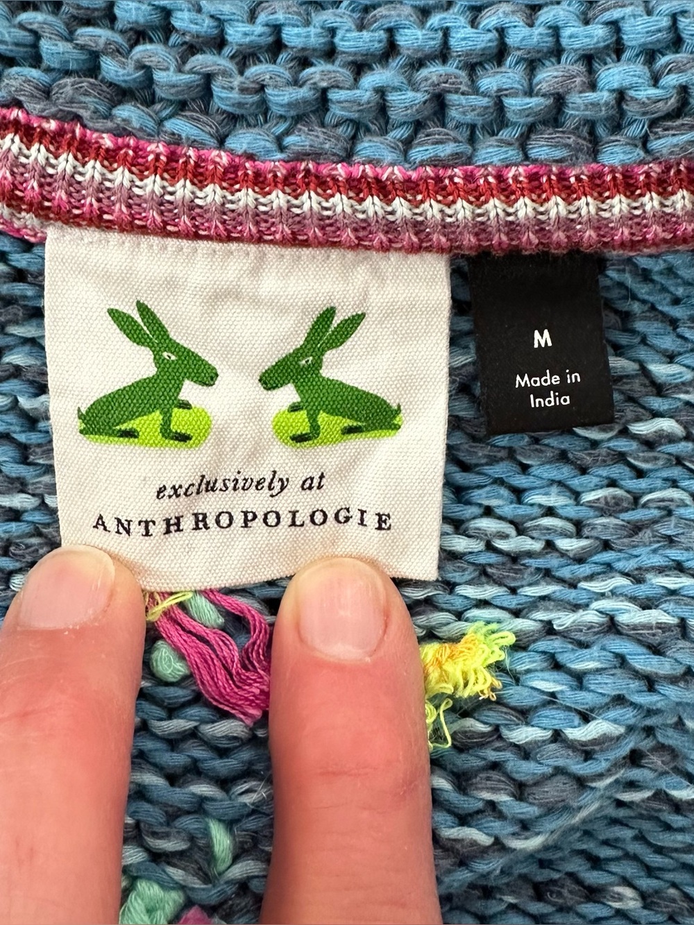 Anthropologie size medium Blue Knit Zip Hoodie with Multicolor Sea themed stitch - Picture 3 of 11